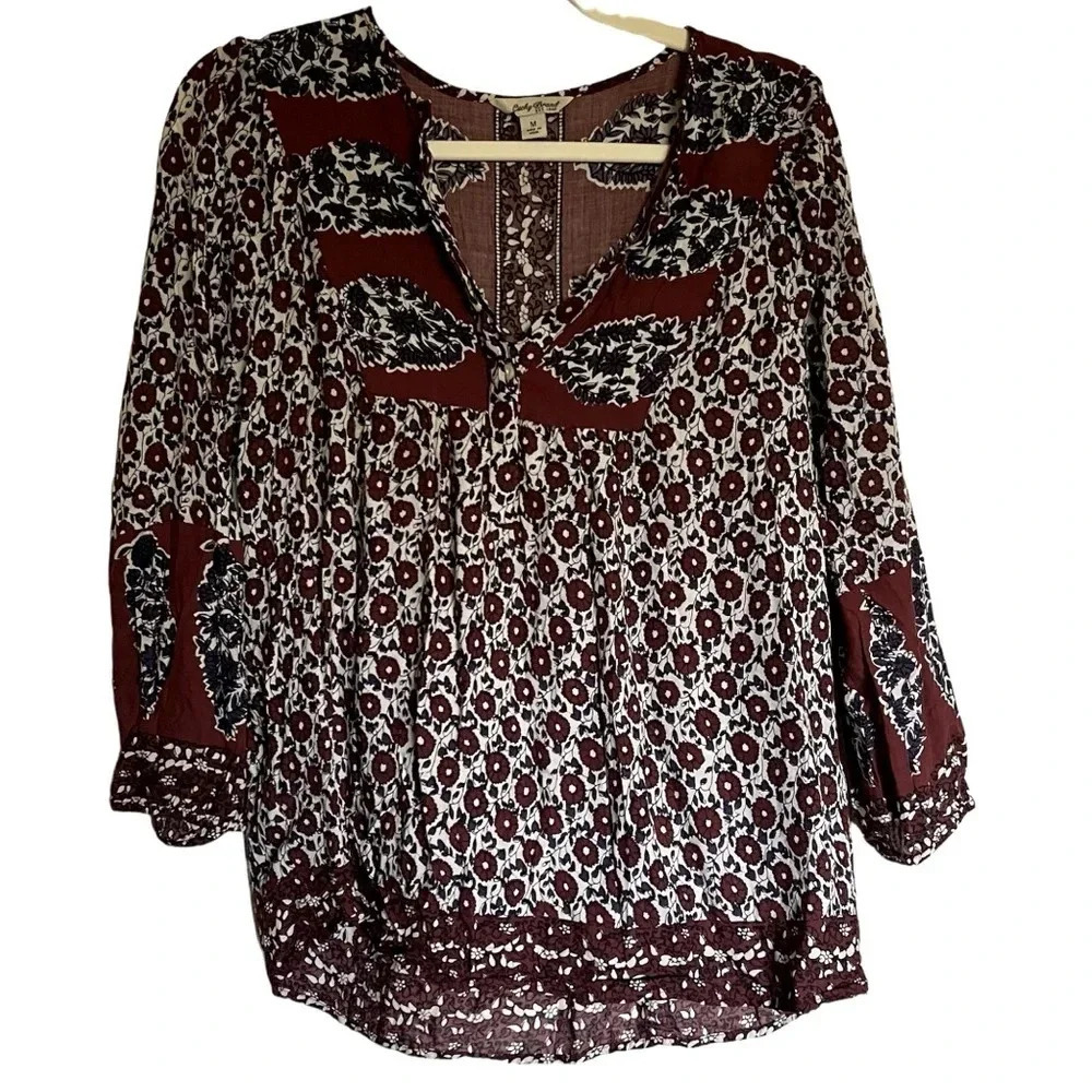 Lucky Brand Burgundy Boho‎ Floral V-Neck Tunic Top Size Medium